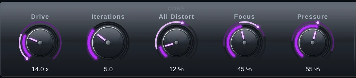 The core knobs with modulation rings on Drive, All Distort, Focus and Pressure